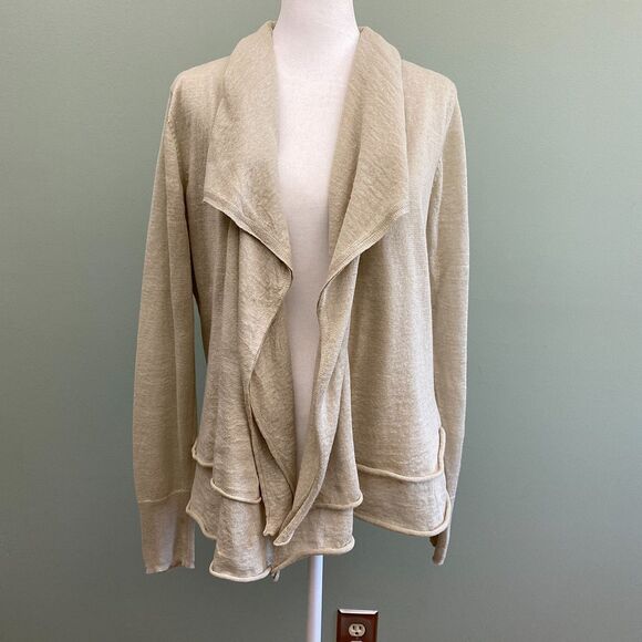 Elie Tahari Linen Silk Open Front Cardigan Tiered Waterfall Tan Womens Medium - Picture 2 of 11